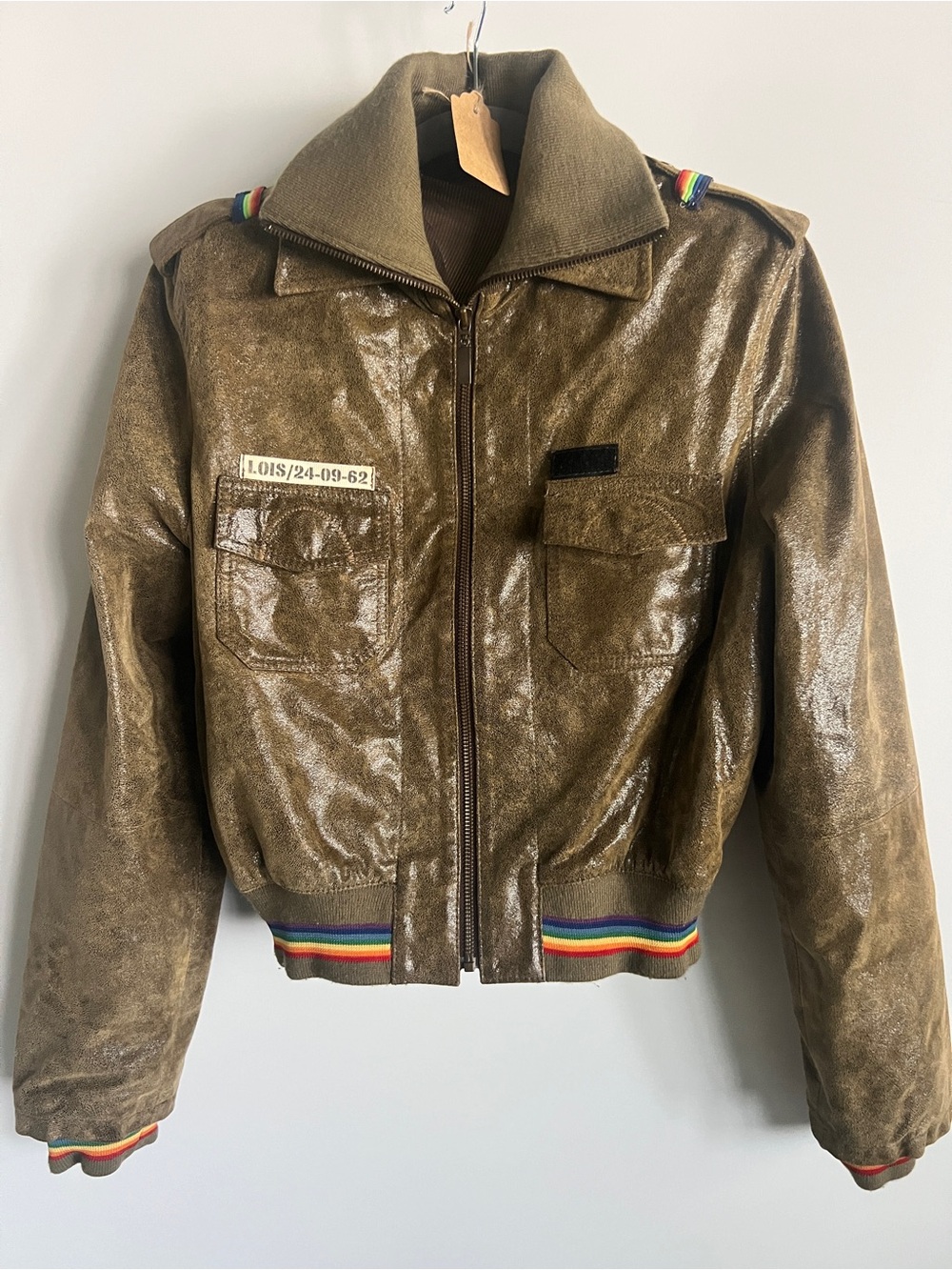 Tan Olive Green Women’s Bomber Jacket with Rainbow Trim